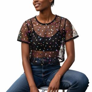 Black Mesh Boxy Sequin Top Sheer Evening Size 0XL